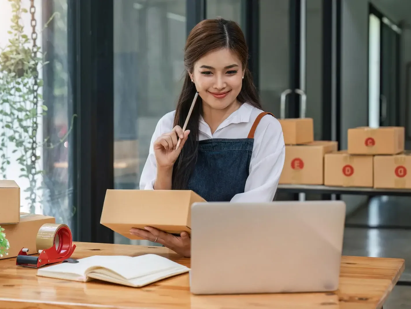 Jeune entrepreneure e-commerce souriante tenant un colis et travaillant sur son ordinateur portable, entourée de cartons prêts à être expédiés. Illustration de la gestion des commandes et de l'importance des conditions générales de vente (CGV) pour sécuriser les transactions.
